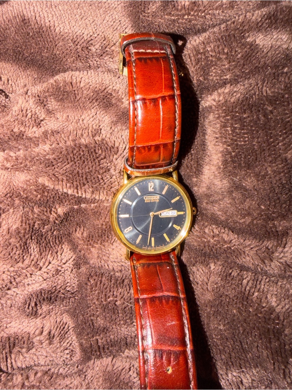 Citizen Men's Black Dial Watch with Brown Leather Strap and Gold Case
